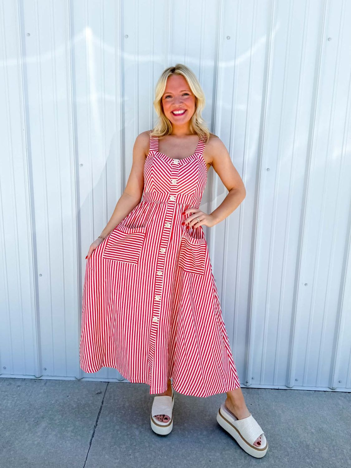 Red Stripe Button Front Dress