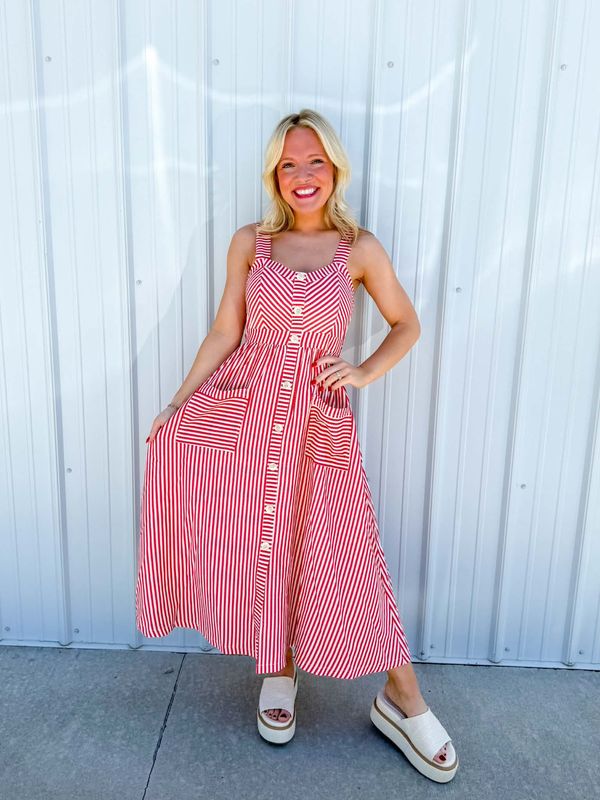 Red Stripe Button Front Dress