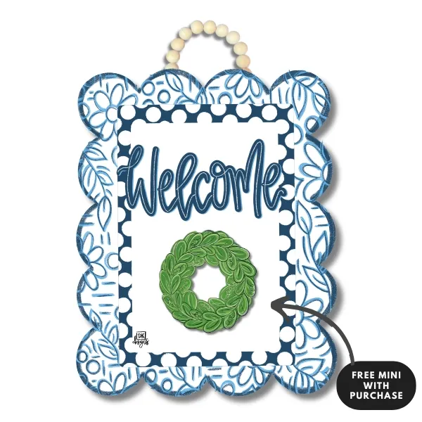 Blue &amp; White Scallop Door Hanger w Mini