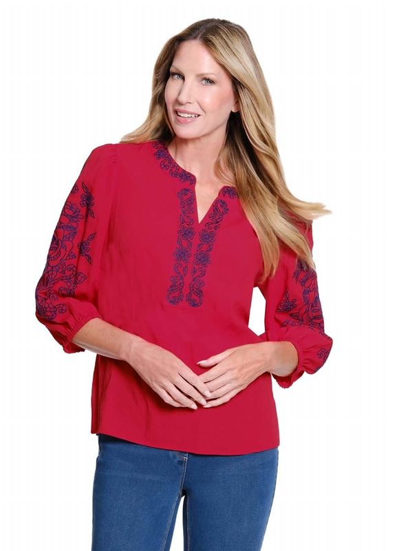 Fiery Red Top W/Embroidery