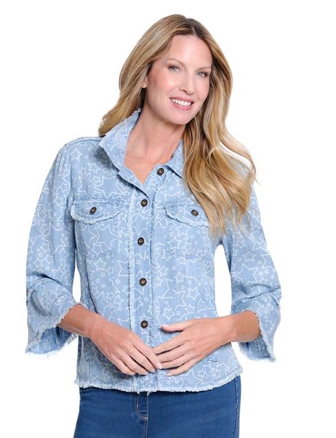 Lt Indigo Print Flounce Sleeve Jacket