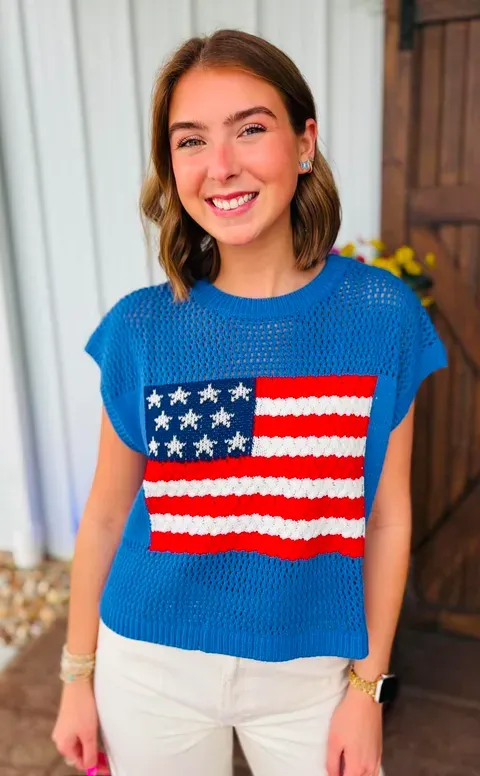 American Flag Open Stitch Top