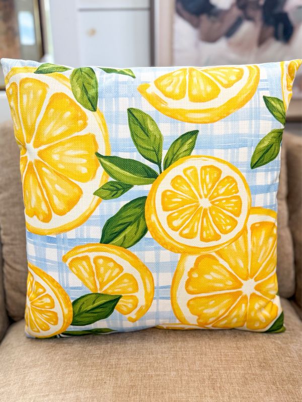 VG Blue Gingham Lemons Pillow