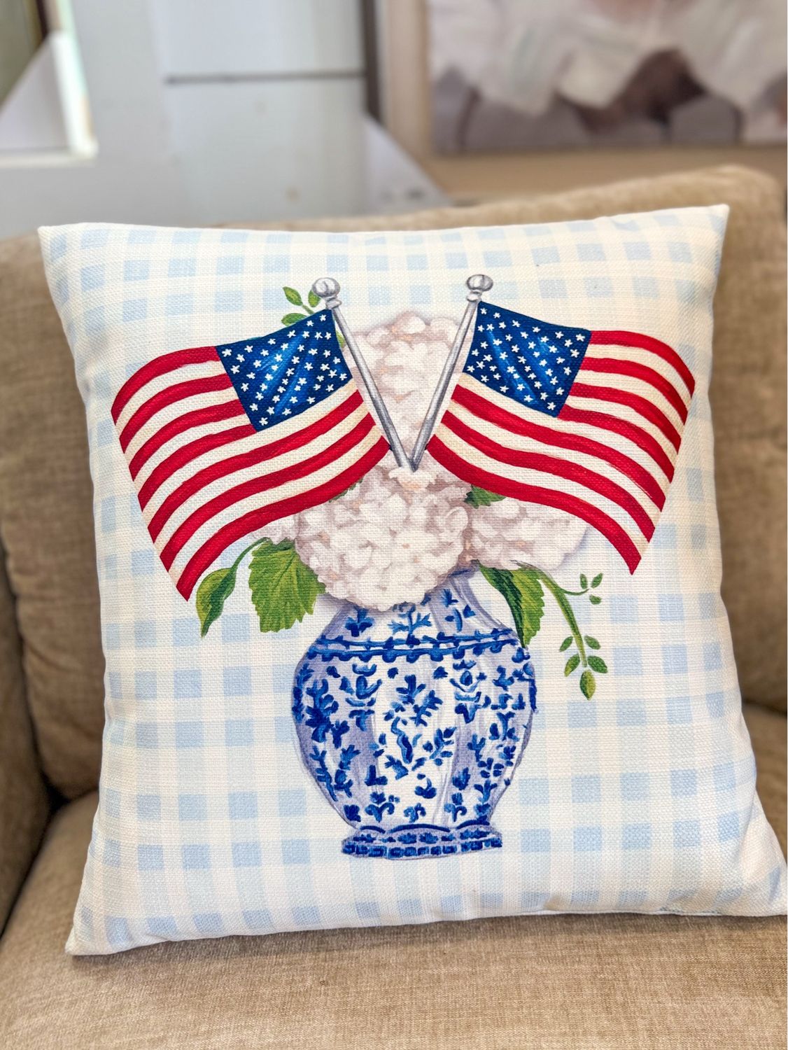 VG Blue Gingham Patriotic Hydrangeas Pillow