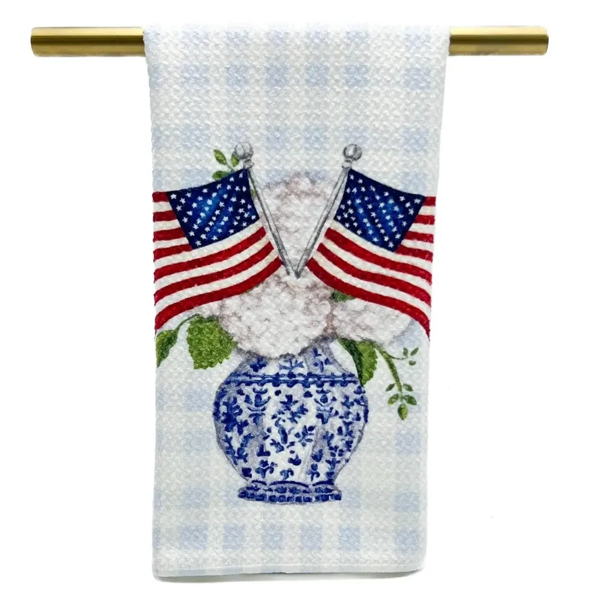 VG Blue Gingham Patriotic Hydrangeas Tea Towel
