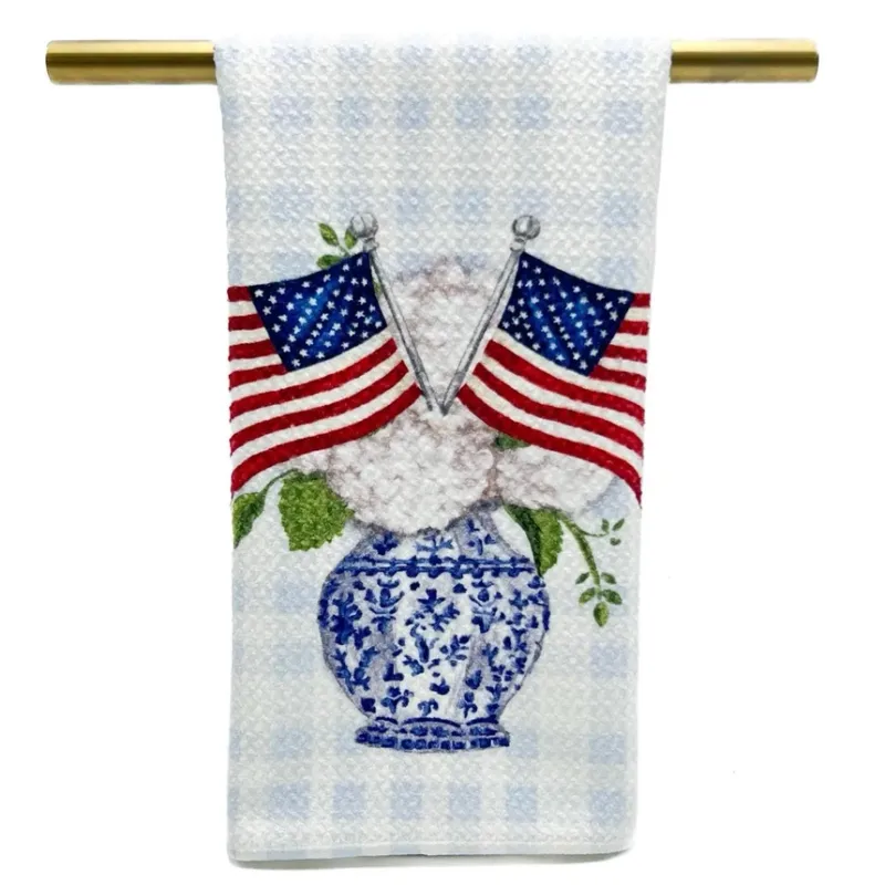 VG Blue Gingham Patriotic Hydrangeas Tea Towel