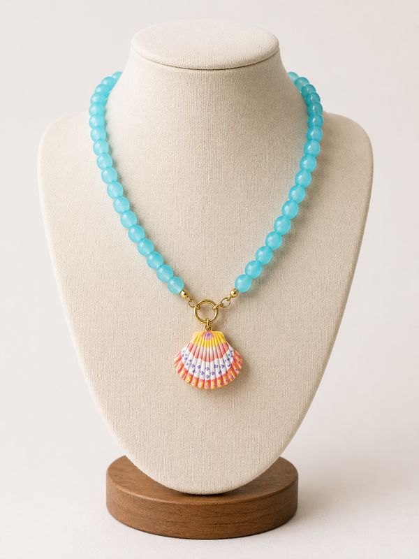 Blue Beaded Necklace W/Shell