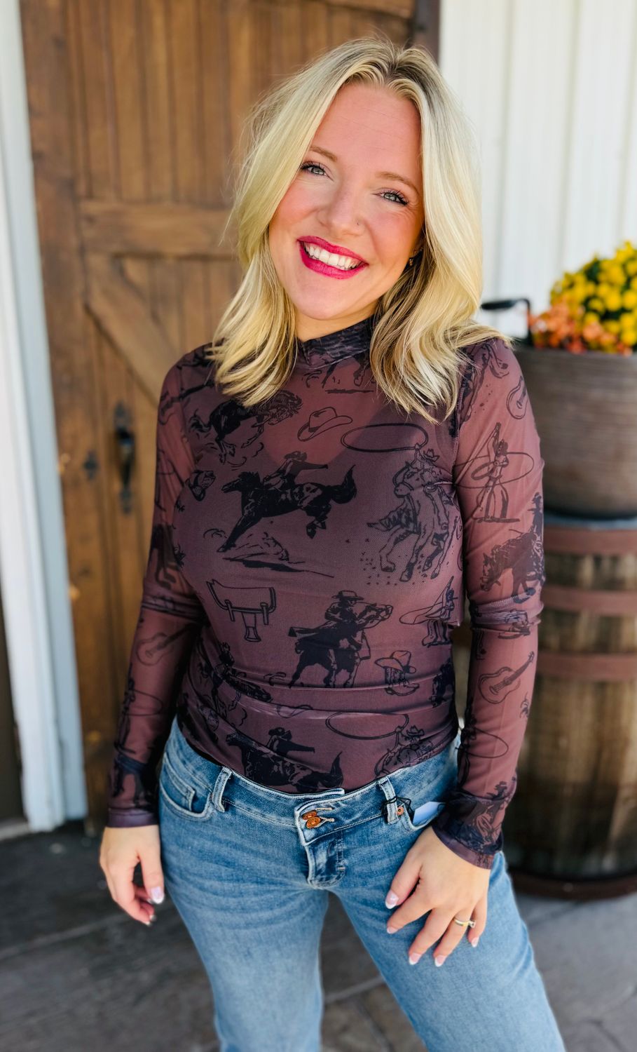 Cowgirl Print Mesh Mock Neck Top