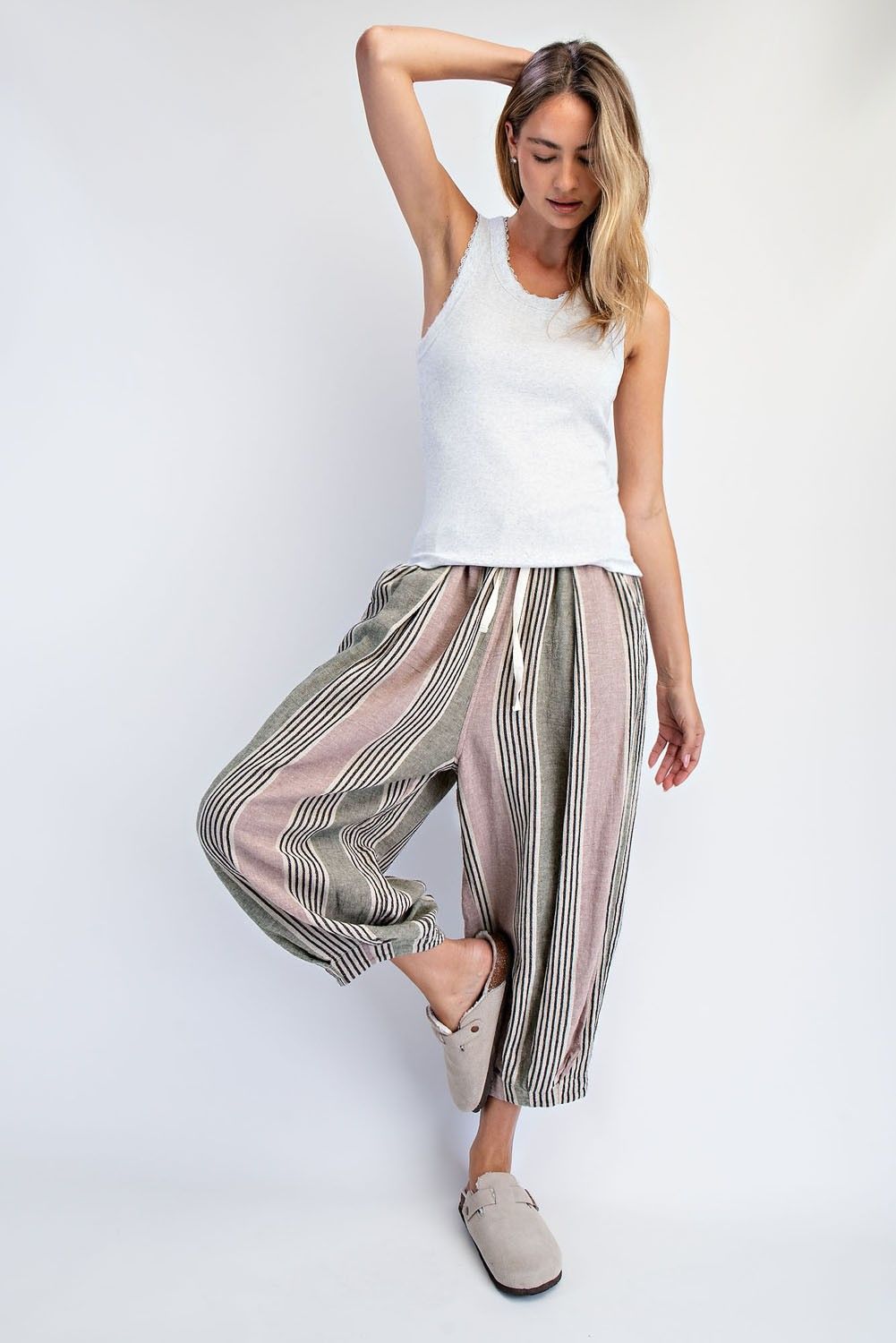 Olive Stripe Linen-Blend Balloon Pant