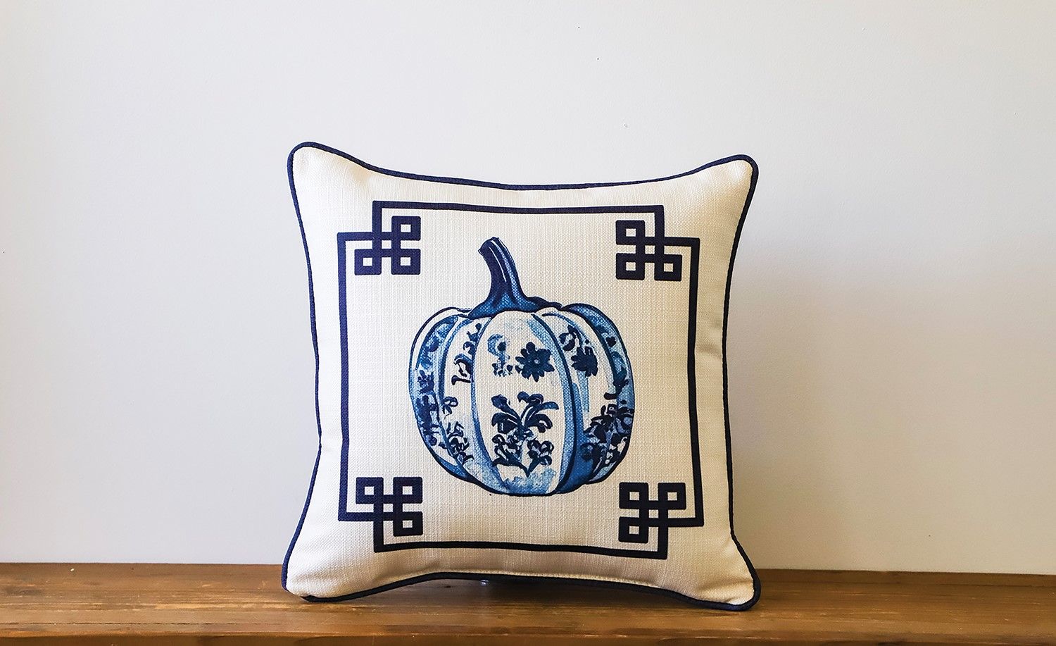 Greek Key Chinoiserie Pumpkin Pillow + Piping