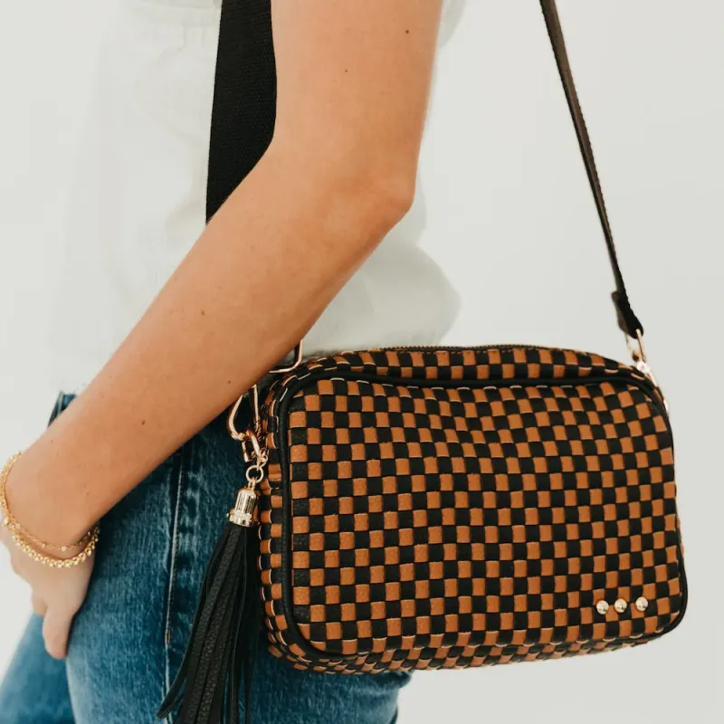 RM Checker Coffee Woven Willow Camera Crossbody