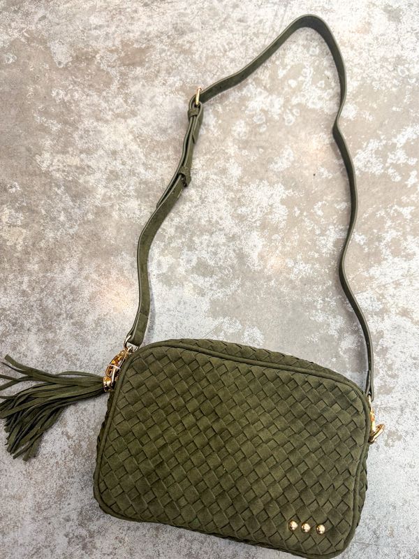 RM Olive Suede Woven Willow Camer Crossbody