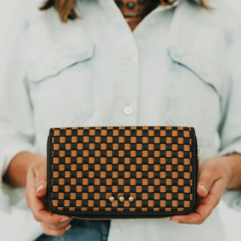RM Checkered Coffee Lenni Large Zip Woven Wallet