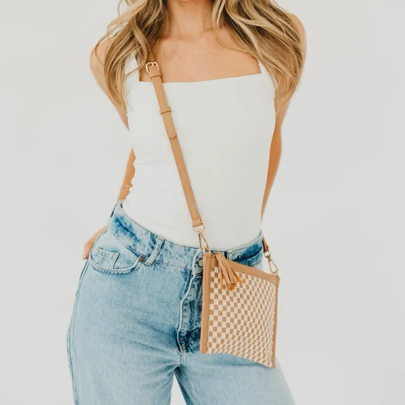 RM Checkered Tan Veda Woven Crossbody &amp; Clutch Bag