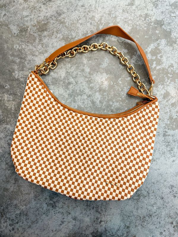 RM Checkered Brown Sienna Slouchy Woven Shoulder Bag