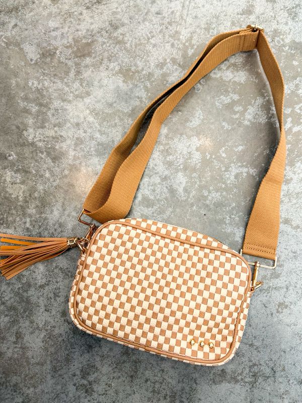 RM Checkered Tan Woven Willow Camera Crossbody Bag