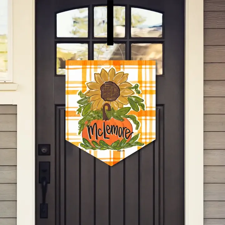 VG Personalized Sunflower Pumpkin Plaid Door Hanger