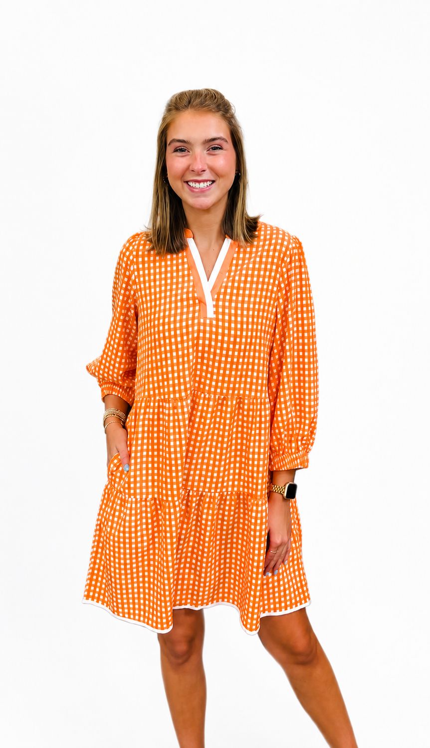 Cooper Gingham Dress-Orange/White