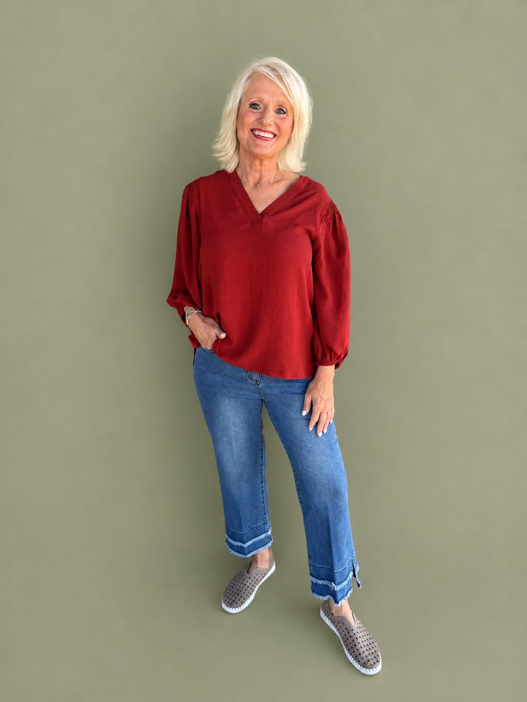 Brick Puff Sleeve Banded Woven Top