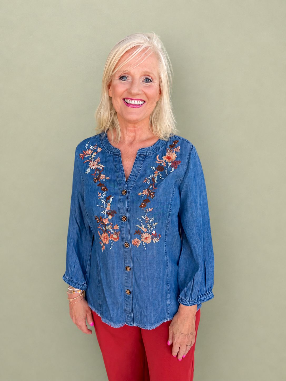 Multi Button Front Top W/Fringe Hem