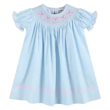 Blue &amp; Pink Bow Smocked Bishop Dress