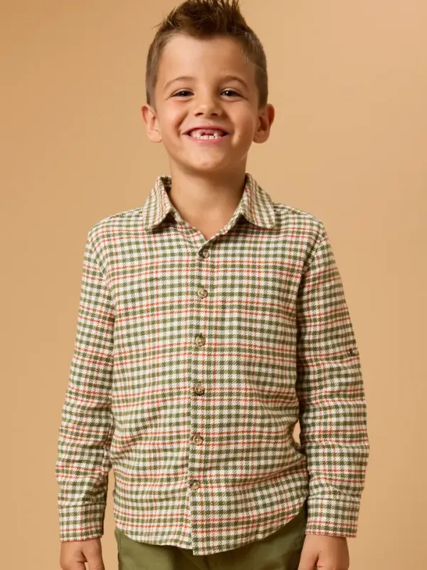 Boys Classic Dusty Olive Houndstooth Button Down
