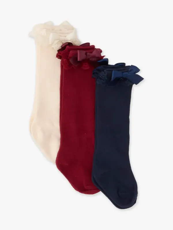 Girls Dark Navy/Ivory/Cherry Bow Socks