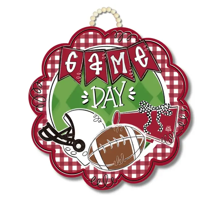 Crimson &amp; White Game Day Scallop Door Hanger