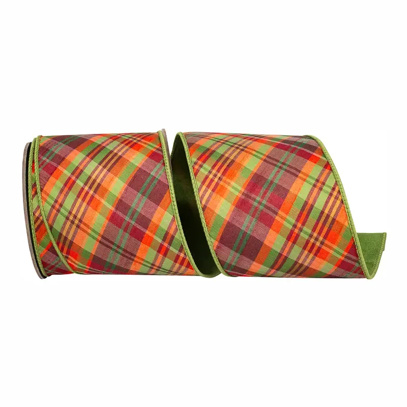VG Plaid Tierra Sage Diagonal Fused 4" Wired Ribbon