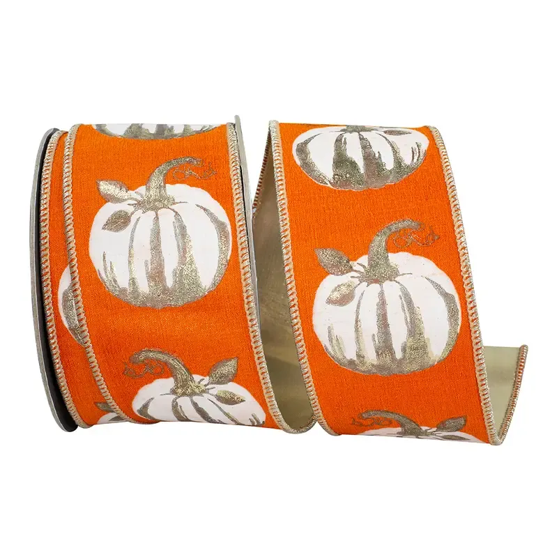VG White Glided Pumpkin Deluxe 2 1/2" Wired Ribbon