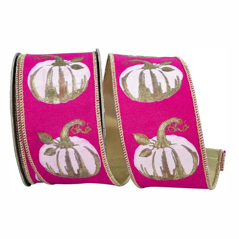 VG Fushsia White Gilded Pumpkin Deluxe  2 1/2" Wired Ribbon