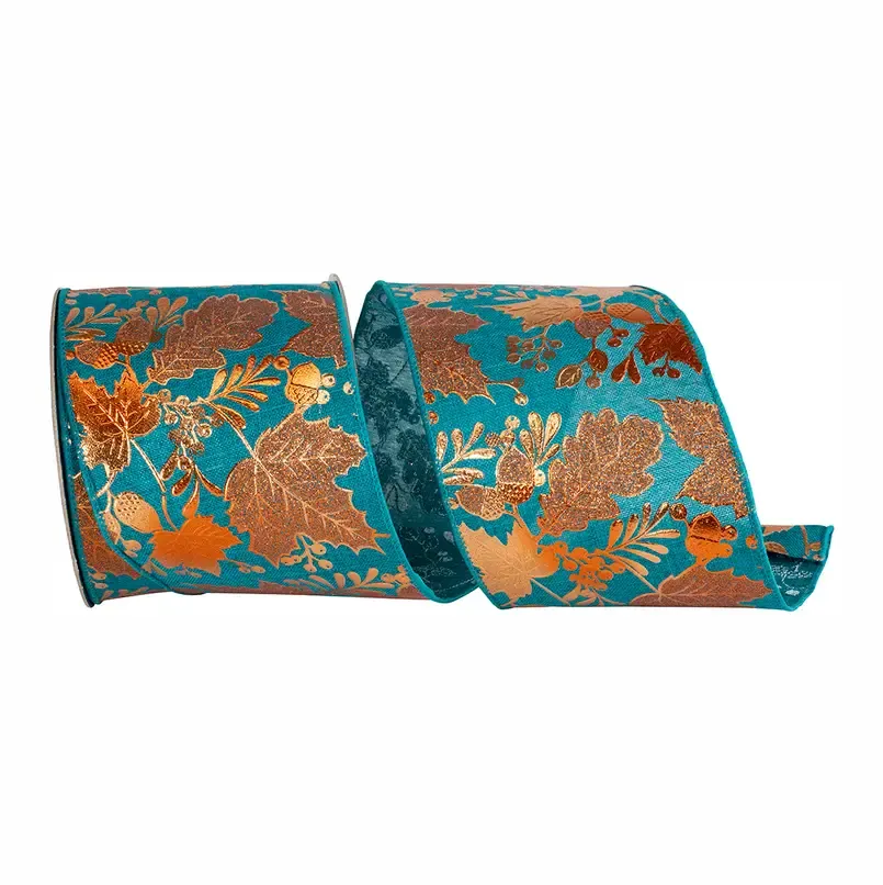 VG Teal Leaf Raised Metallic Copper Linen 4" Wired Ribbon