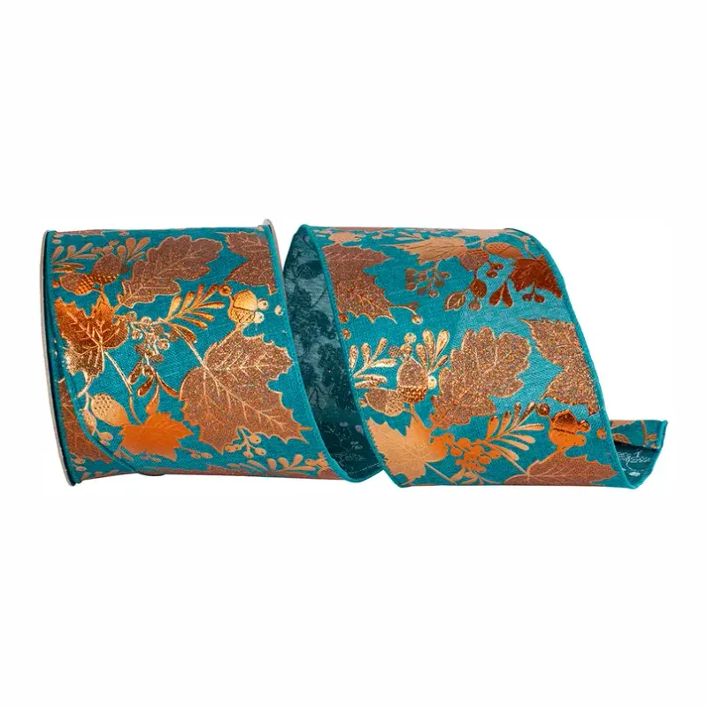 VG Teal Leaf Raised Metallic Copper Linen 4" Wired Ribbon