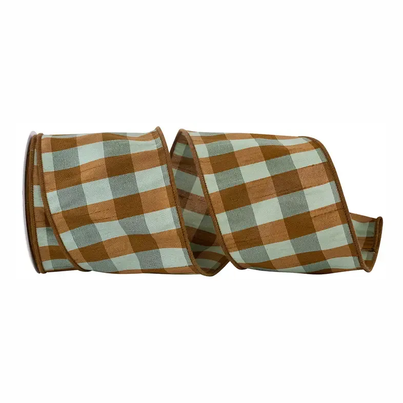 VG Aspen Dupioni Check Celadon Wired Ribbon 4"