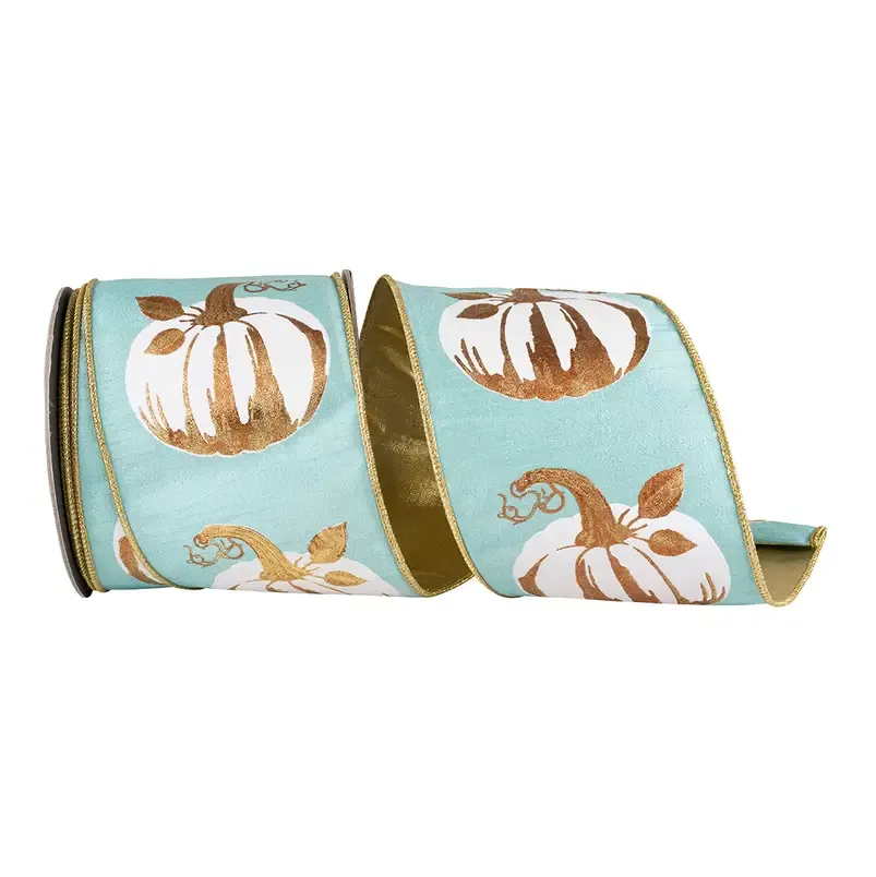 VG White Glided Pumpkin Deluxe Teal 4" Wired Ribbon