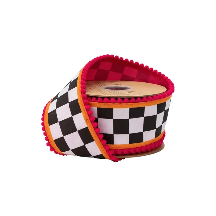VG Large Black &amp; White Check w Orange &amp; Pink Pom Pom Edging 2 1/2" Wired Ribbon