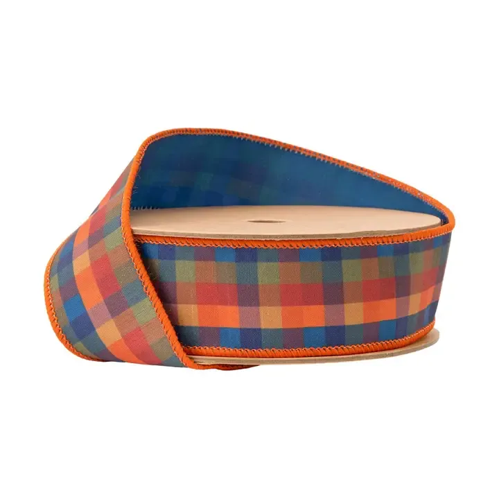 VG Fall Plaid Blue/Orange 1 1/2" Wired Ribbon