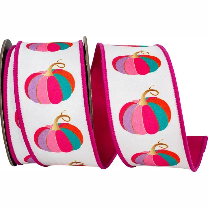 VG Pumpkin Fushica/White Fashion 2 1/2" Wired Ribbon