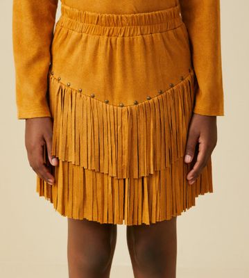 Studs &amp; Fringe Suede Skirt-Camel