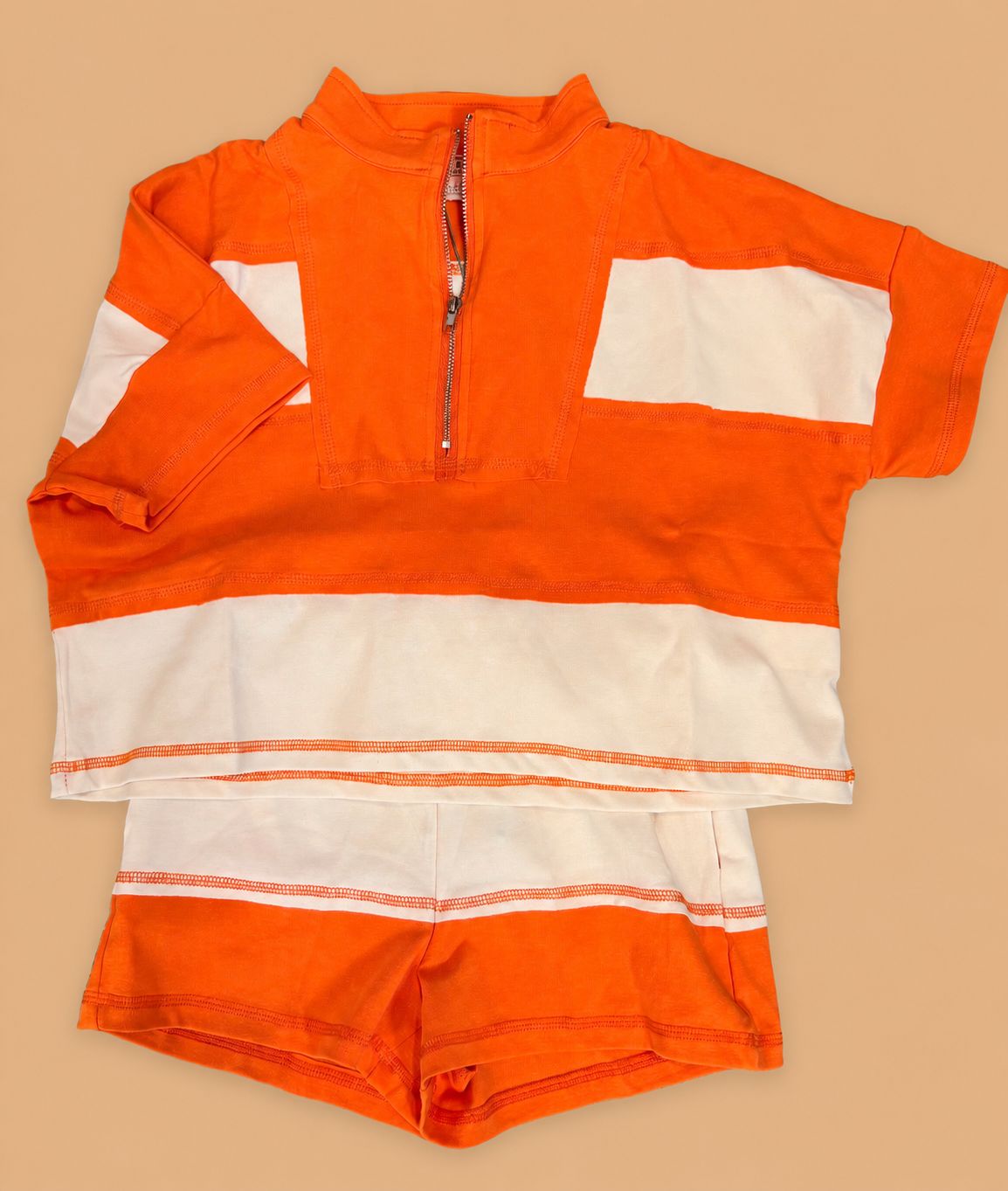 Color Block Stripe Knit Shorts-Orange