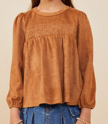 Vegan Suede Baby Doll Top-Camel