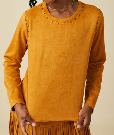 Studded Detailed Suede Camel T-shirt