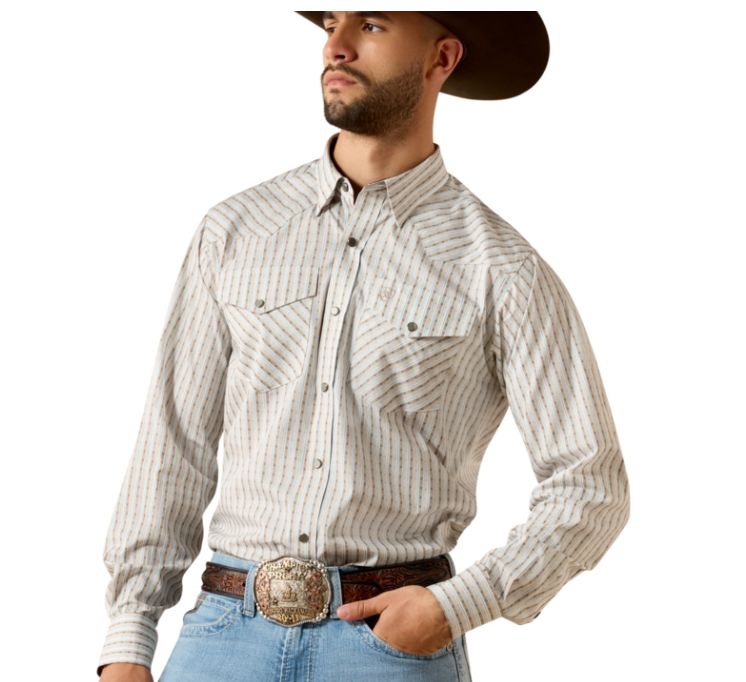 Wrinkle Free Burnard Snap Shirt-Savannah Brown Geo Stripe