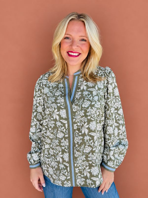 Naomi Painted Trillium Olive Top