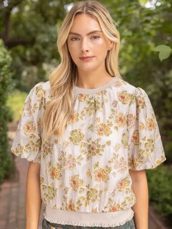 CH Taupe Floral Embroidered Top
