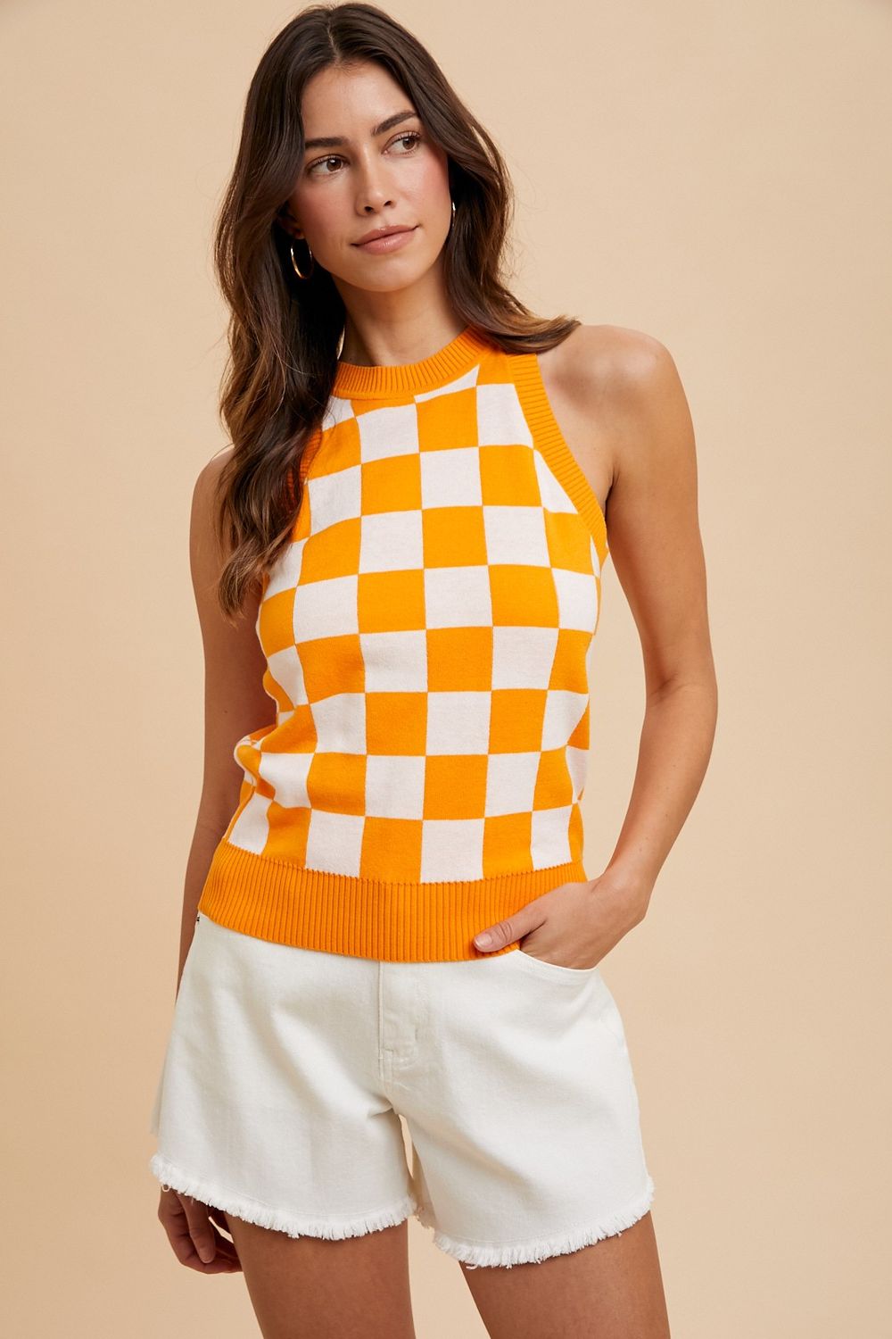 Checkerboard Halter Neck Sweater Top