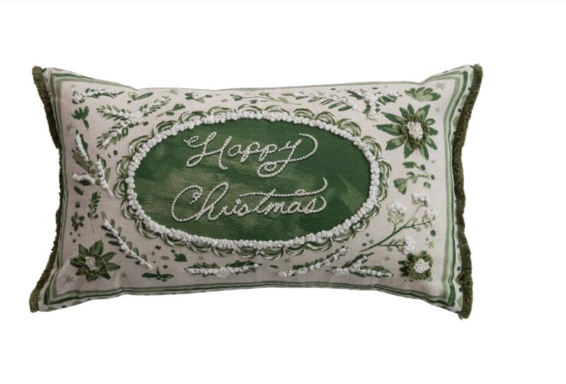 XT0654- Cotton &amp; Linen Lumbar Pillow with Emb Beads &amp; Eyelash Fringe