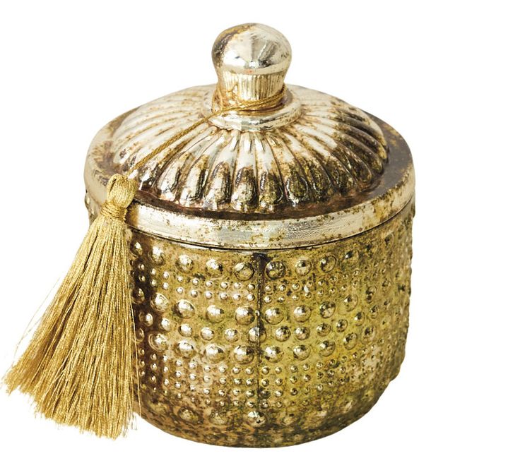 XT2622- 9.5oz Embossed Glass Frosted Woods Scented Jar with Gold Tassel