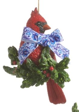 4" Cardinal Ornament-Blue Ribbon