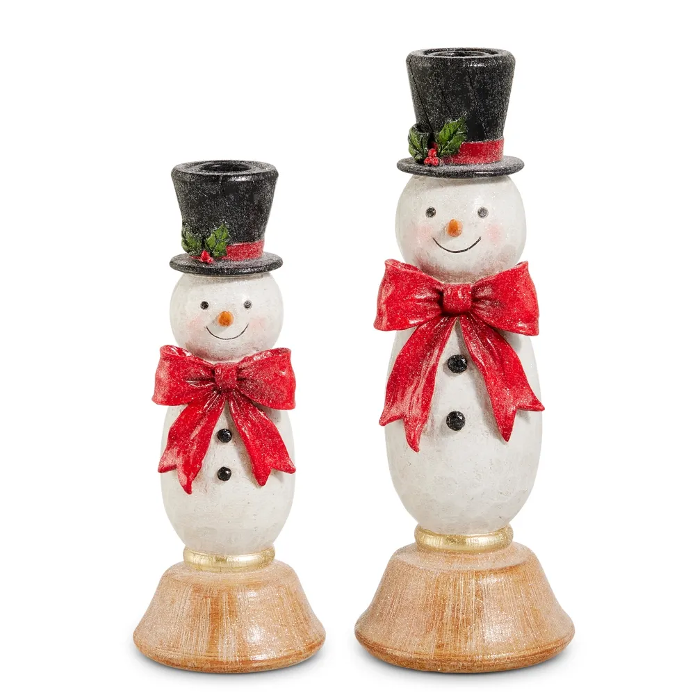 10.5" Snowman w Bows Candlesticks-Set of 2